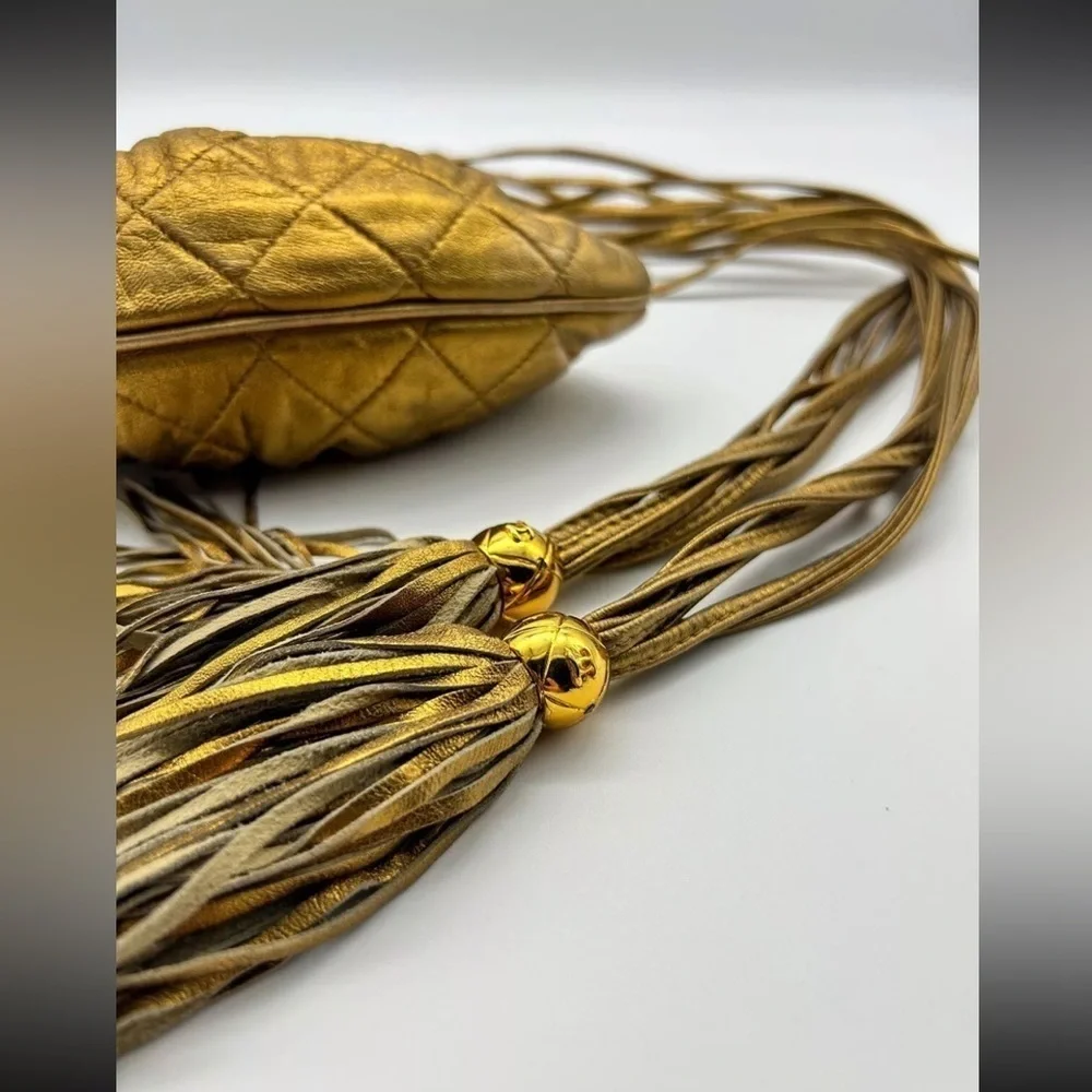 Chanel Quilted Vintage Rare Gold Bronze Waist Pouch bag Tie Fringe sling